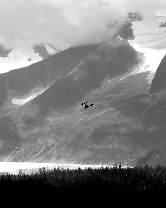 A drone over a mountain lake