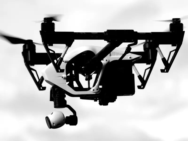 A camera drone in flight, shot by Austin Marvel